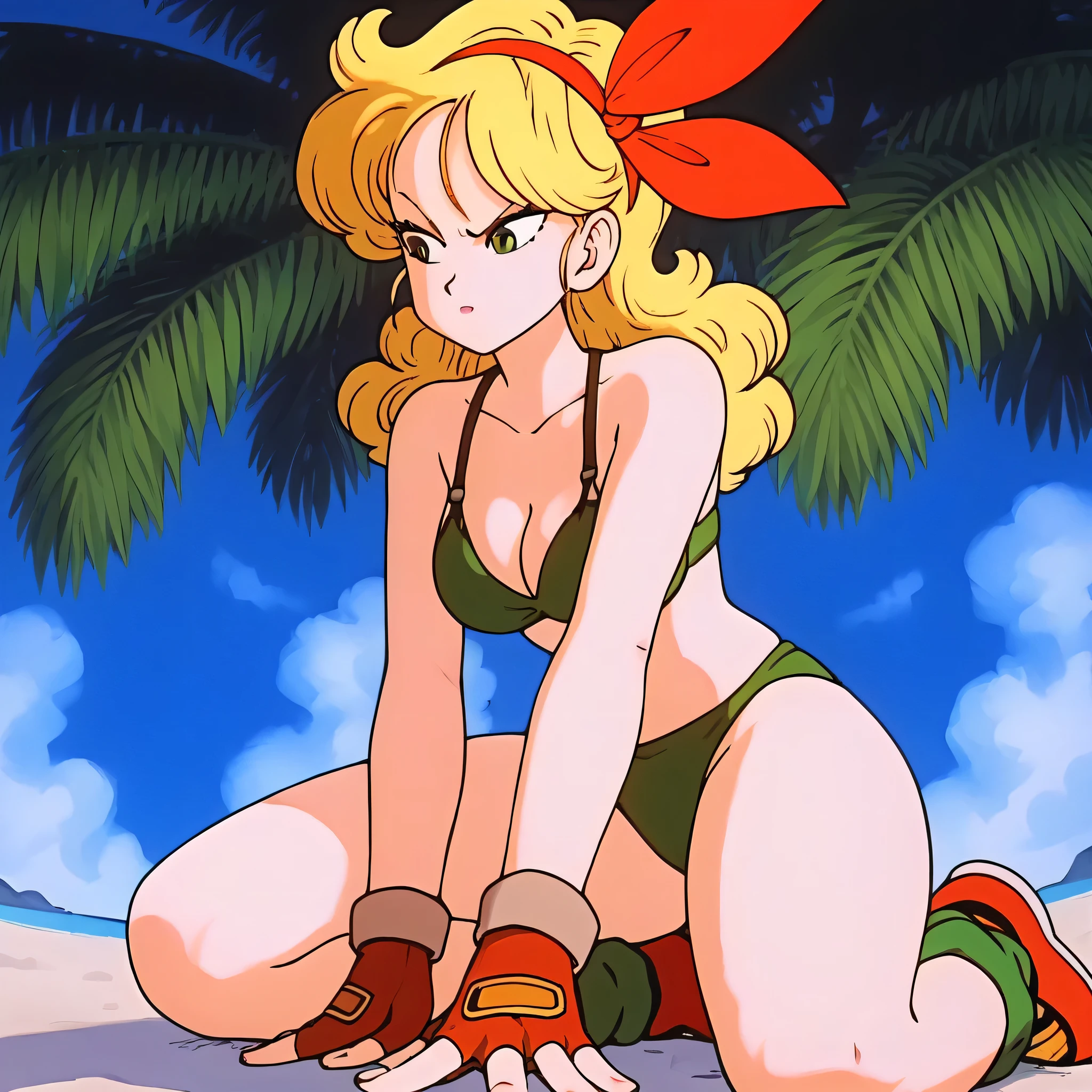 source_anime, score_9, score_8_up, score_7_up, anime screencap, high quality, launch bad, 1girl, solo, blonde hair, breasts,from below, green eyes, cleavage, long hair, sky, cloud, curly hair, blue sky, midriff, day, big breasts, bikini, outdoors, red hairband, bare shoulders, sitting, collarbone, looking at another, hands on floor, eyelashes,