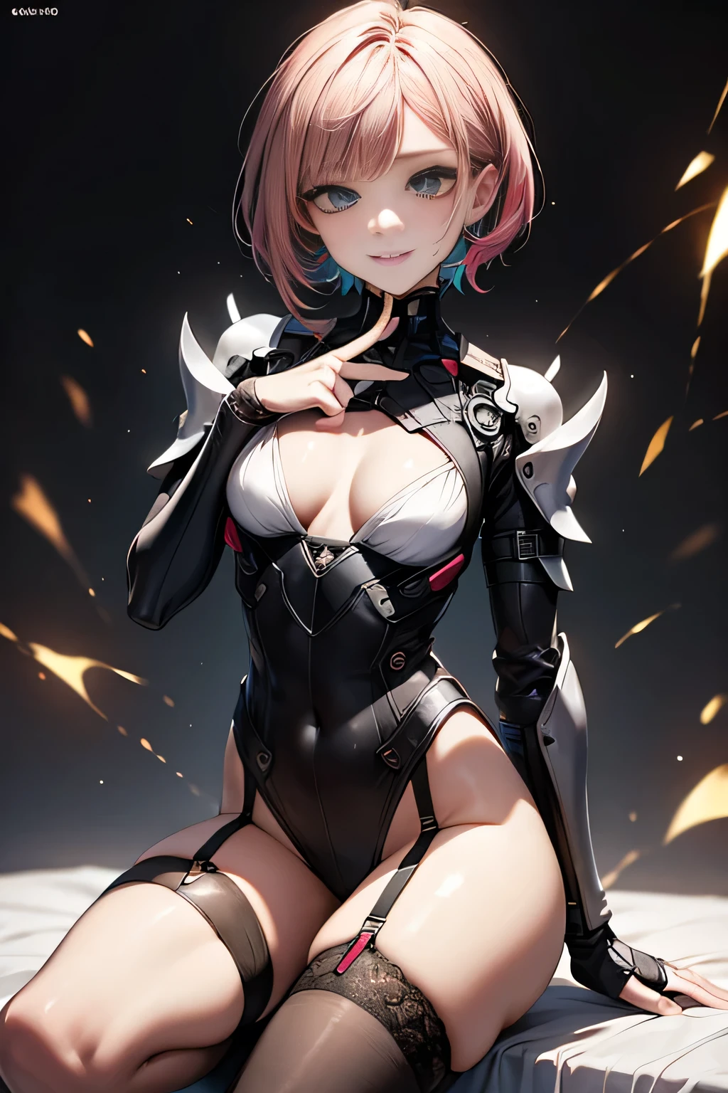Highest quality, masterpiece, The finer details, Very delicate 8k wallpaper, (1 Beautiful Machine Girl), (Beautiful Eyes), Long eyelashes, Compensate, Short Hair, Pink Lips, Five mechanical finger joints, Mechanical Hand, Mechanical legs: 1.1), colorful, (Flying sparks), (Exoskeleton Leotard), garter belt, (Exposed lower chest, Exposed thighs: 1.2), (Neck and shoulders connected by power supply and many colorful cables:1.5), (Mechanical Harrow), Cyberpunk City, Sitting
