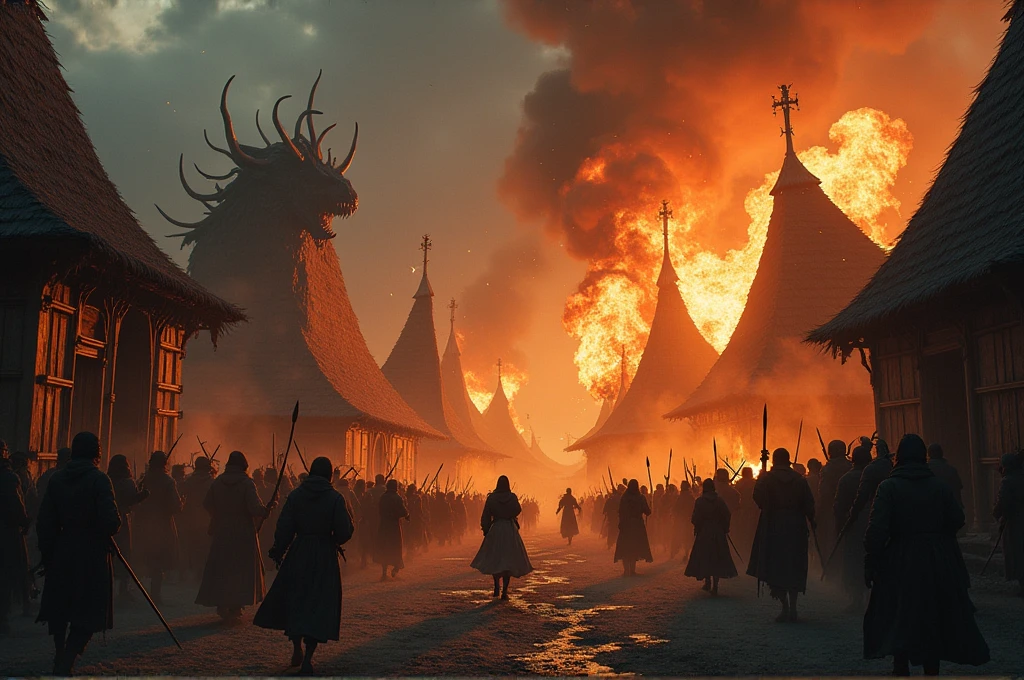 Epic, cinematic scene of a village being attacked by dark forces. Monstrous creatures setting fire to buildings, people fleeing in terror, and chaos reigning supreme.