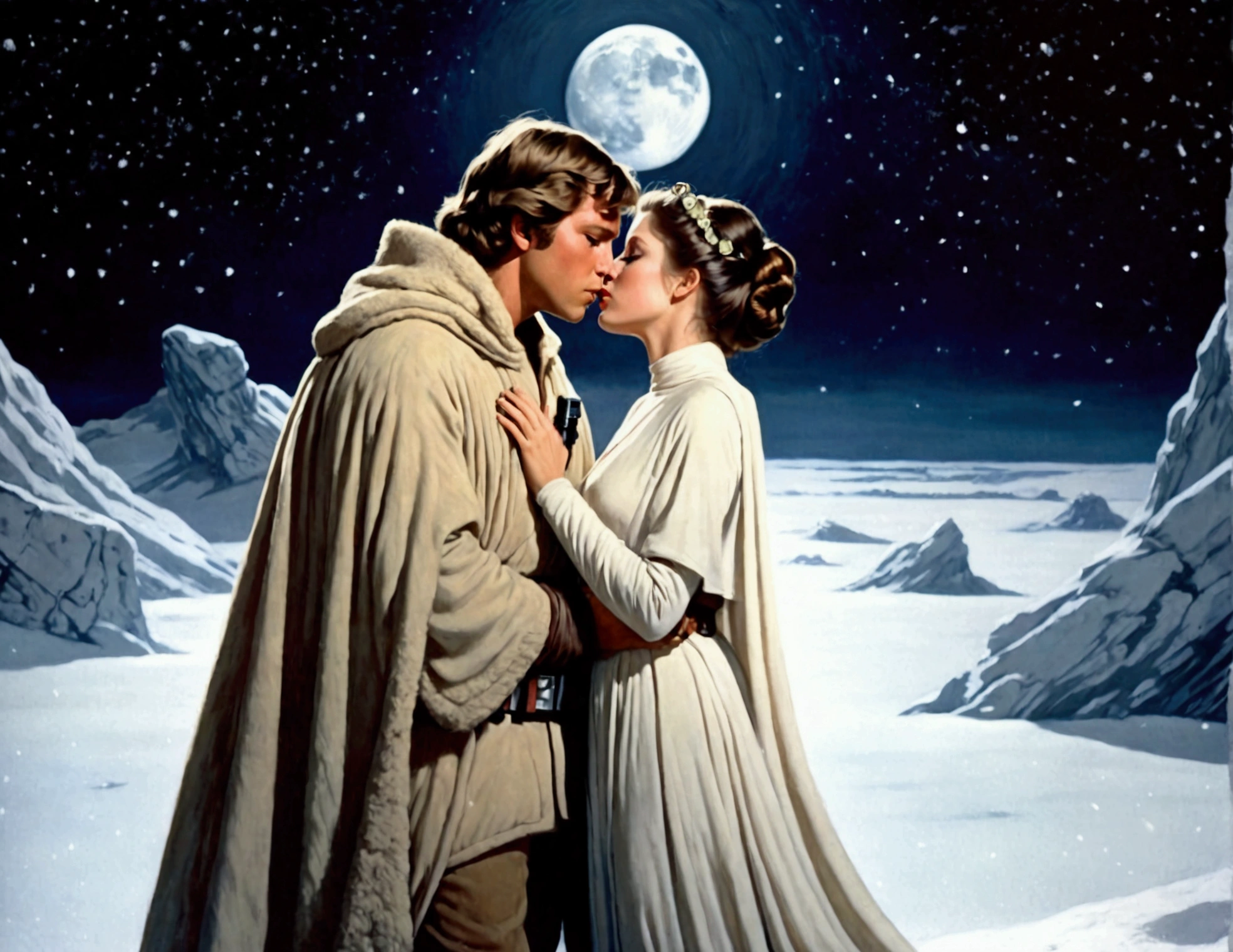 Star Wars, empire strikes back, Luke and Leia share a kiss on the snow swept surface of Hoth, Moonlit night, serene night, moonlit confession of love