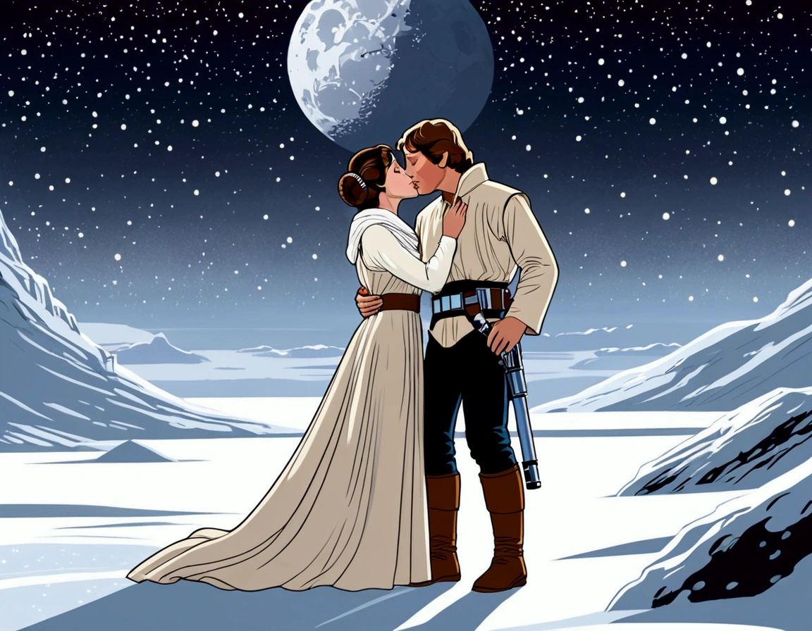 Star Wars, empire strikes back, Luke and Leia share a kiss on the snow swept surface of Hoth, Moonlit night, serene night, moonlit confession of love