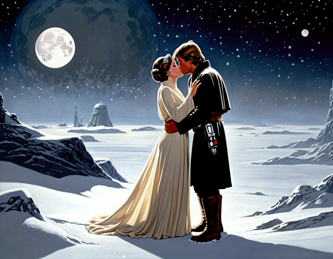 Star Wars, empire strikes back, Luke and Leia share a kiss on the snow swept surface of Hoth, Moonlit night, serene night, moonlit confession of love
