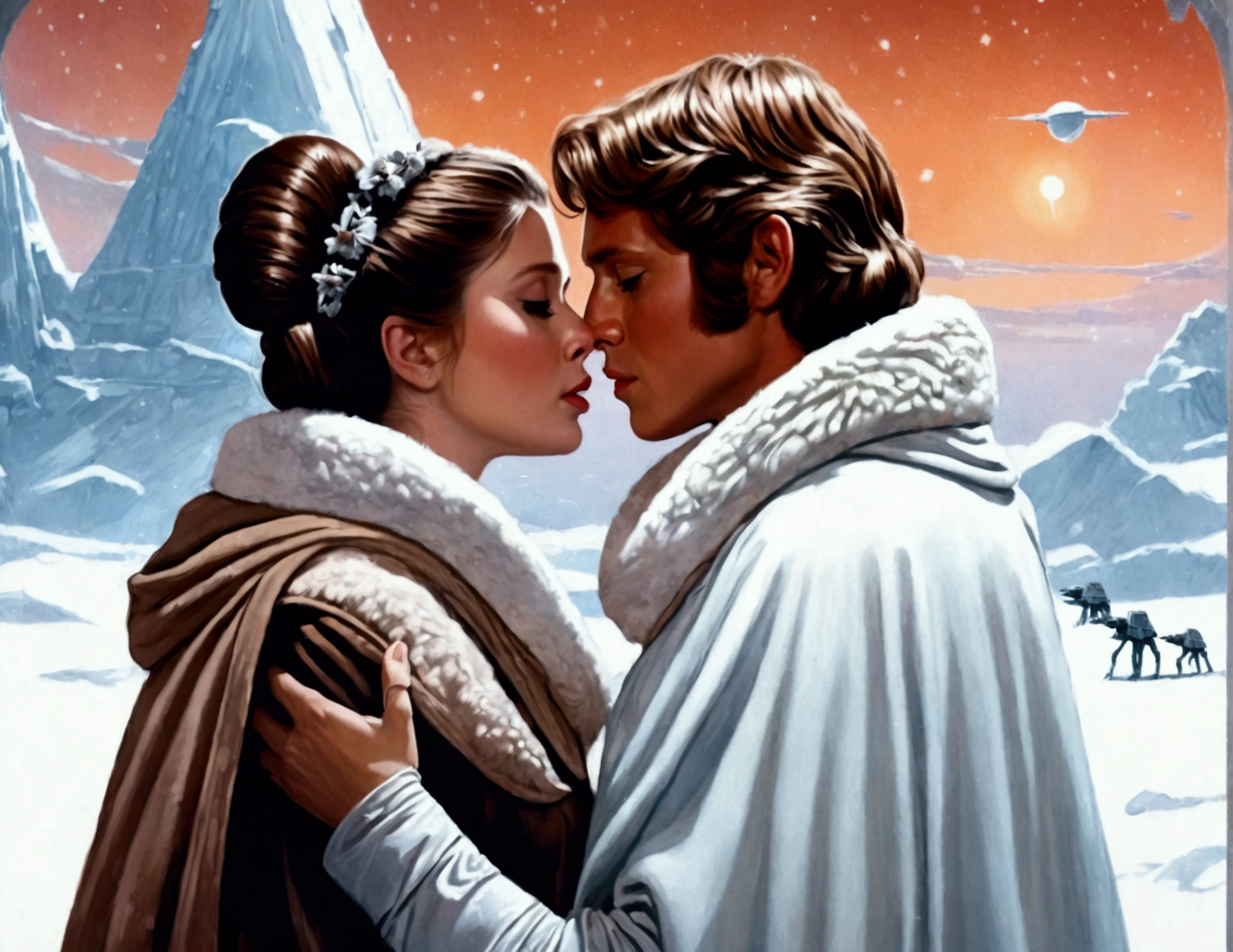 Star Wars, empire strikes back, Luke and Leia share a kiss on the snow swept surface of Hoth, Moonlit night, serene night, moonlit confession of love