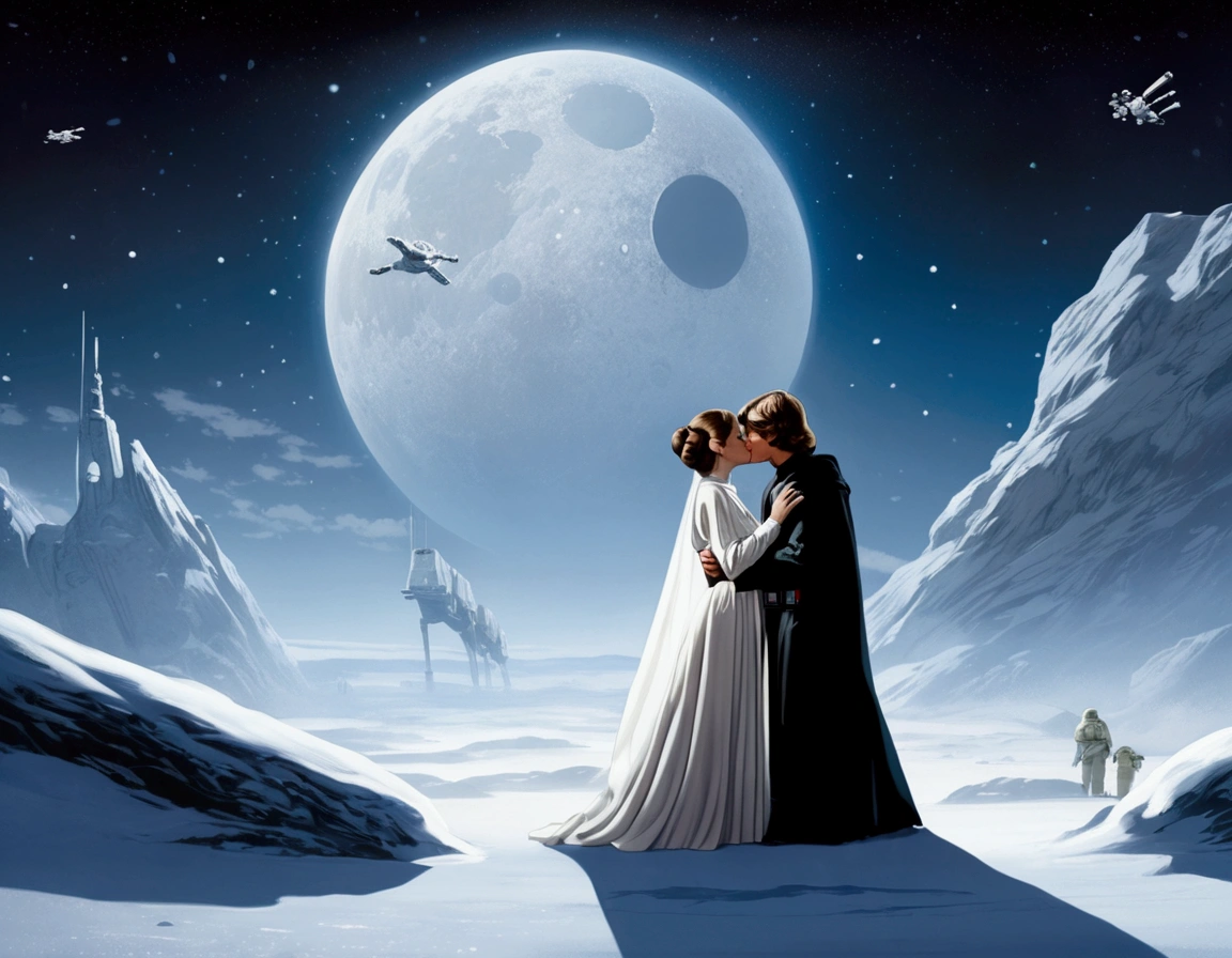 Star Wars, empire strikes back, Luke and Leia share a kiss on the snow swept surface of Hoth, Moonlit night, serene night, moonlit confession of love