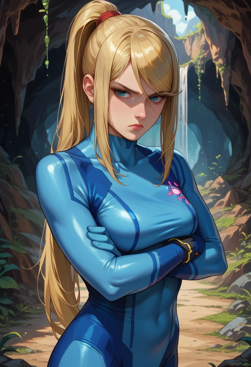 score_9, score_8_up, score_7_up, 1girl, solo,defSamus, blonde hair, long hair, bodysuit, blue clothes, blue pants, blue gloves, standing, head on side, looking at you, crossed arms, pouding, sad, cave entrance