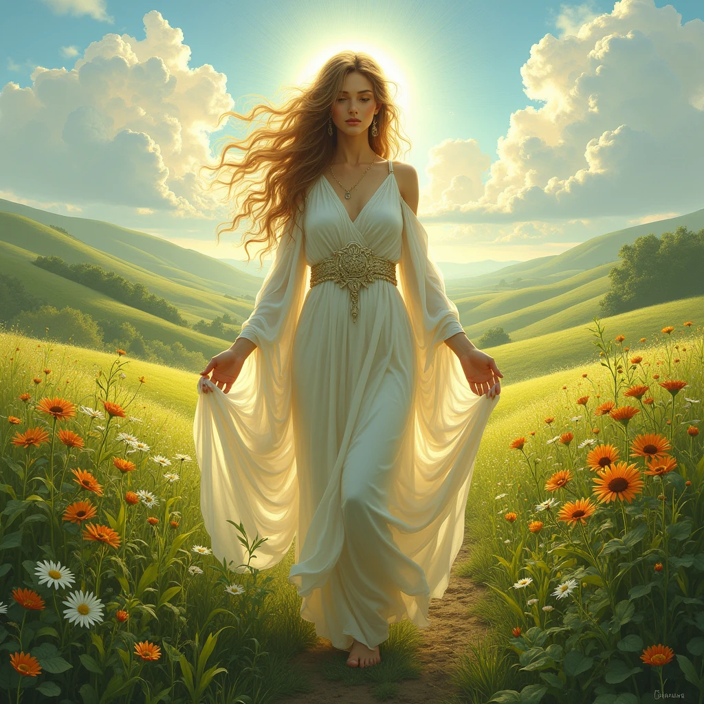 A painting of a woman holding a basket of flowers in a field, Harvest Goddess, Earth Goddess Mythology, Artgerm Julie Bell Beeple, author：Jon Foster, Robbery King, karol bak 和 peter mohrbacher, alta fantasia. Royo, author：Chen Zhou, Peter Mordonato Giancola, Donato Giancola&#39;s Style