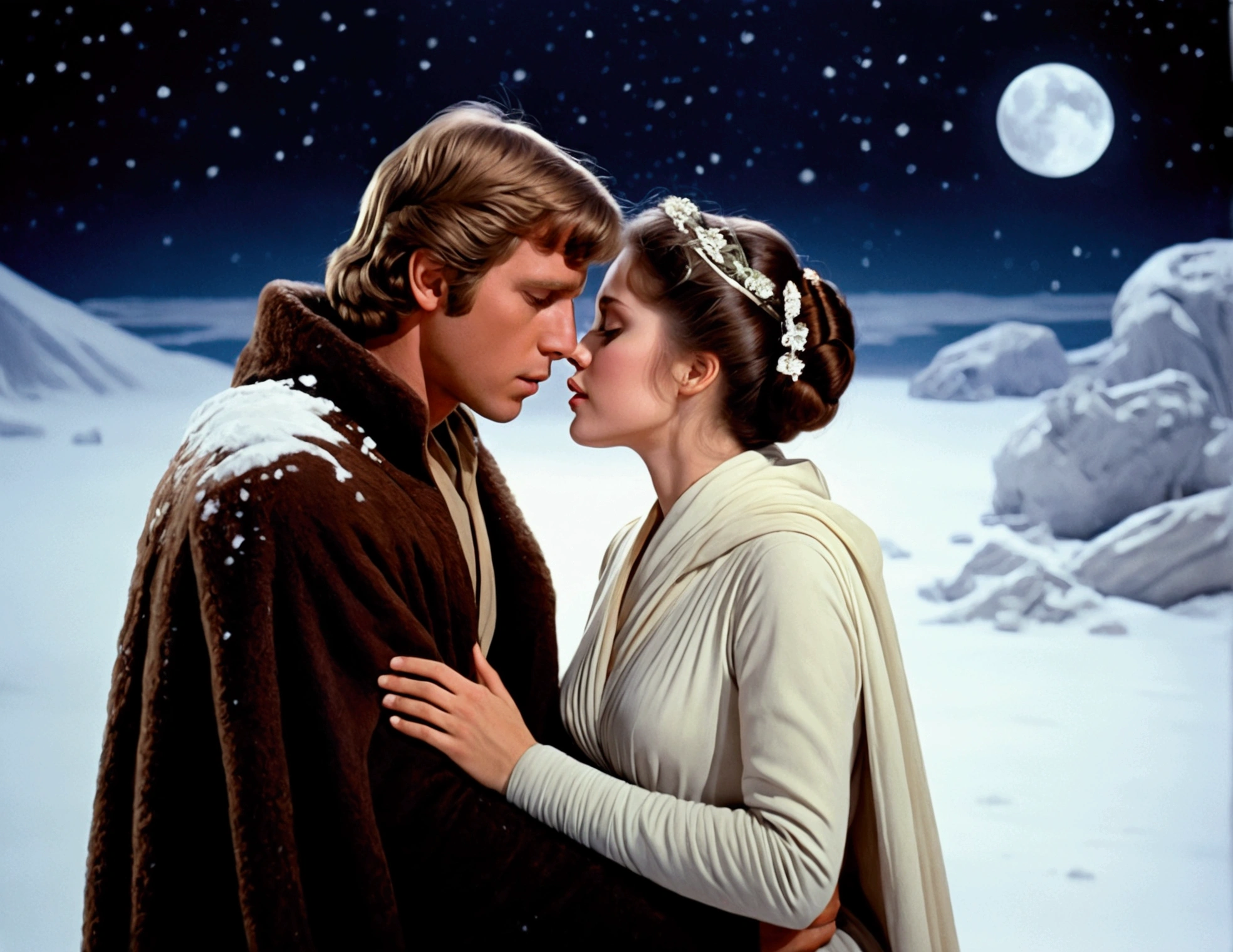 Star Wars, empire strikes back, Luke and Leia share a kiss on the snow swept surface of Hoth, Moonlit night, serene night, moonlit confession of love