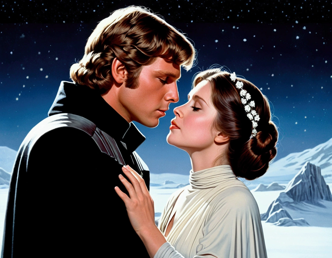 Star Wars, empire strikes back, Luke and Leia share a kiss on the snow swept surface of Hoth, Moonlit night, serene night, moonlit confession of love