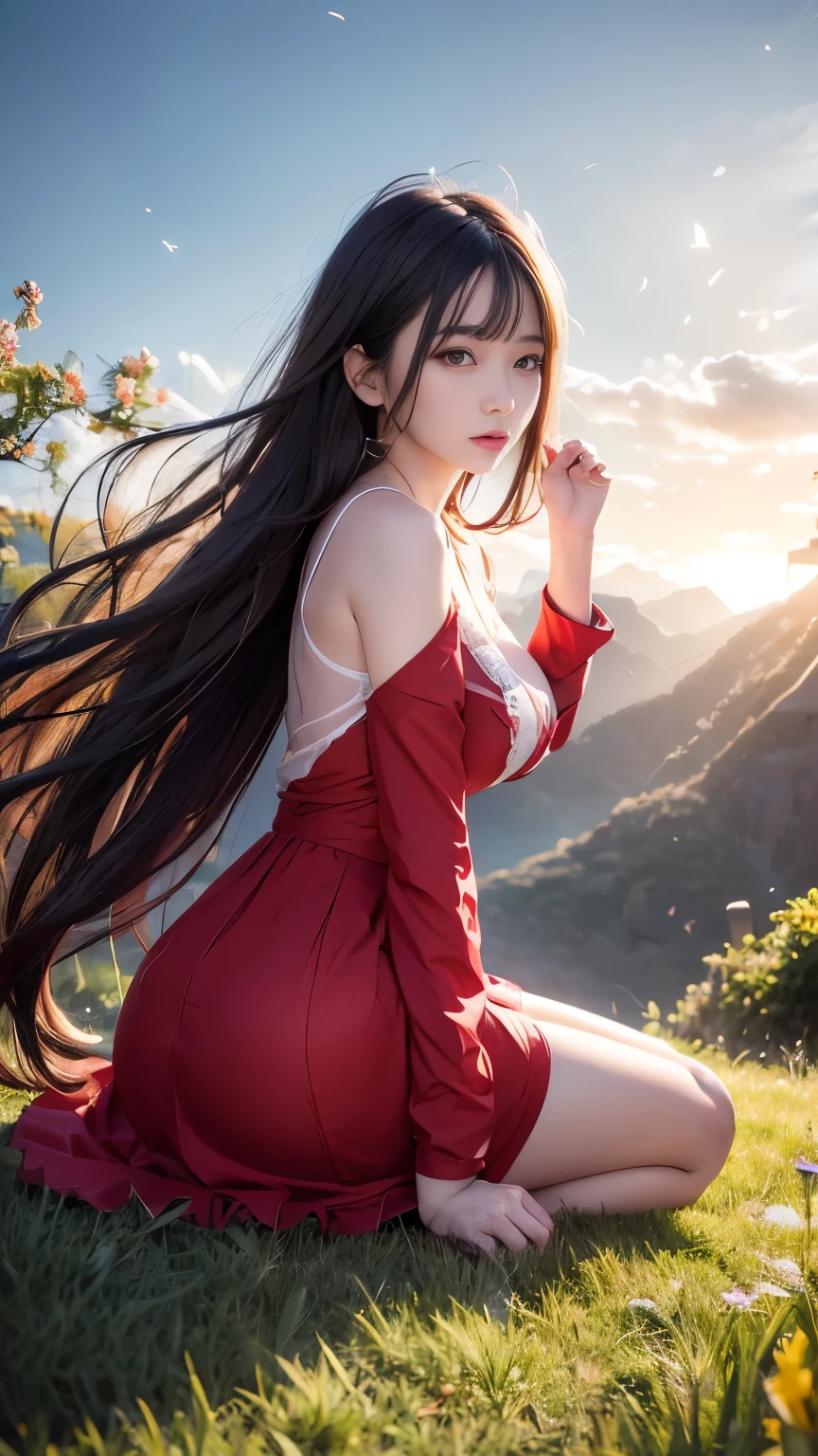 
(logo、masterpiece、8k、Tabletop、RAW Photos、wonderful、最high quality、フォトリアルでVery detailedなCG合成8k壁紙、high quality、Very detailed、Narrative poem、Particle Effects、Dynamic Effects、Depth of the Boundary) What is written is、Cinematic Light、Lens flare、Ray Tracing）、Fantasy、（night、night空、Starry Sky、full moon）、（Girl looking up at the sky）、(Red dress)、sit、cute、Japanese style、(smile)、Long Black Hair、Strong winds、(Hair blowing in the wind)、Natural light、moonlight、(Horizontal photography)、(breast enhancement)、(Low position)、(Low - Angle)