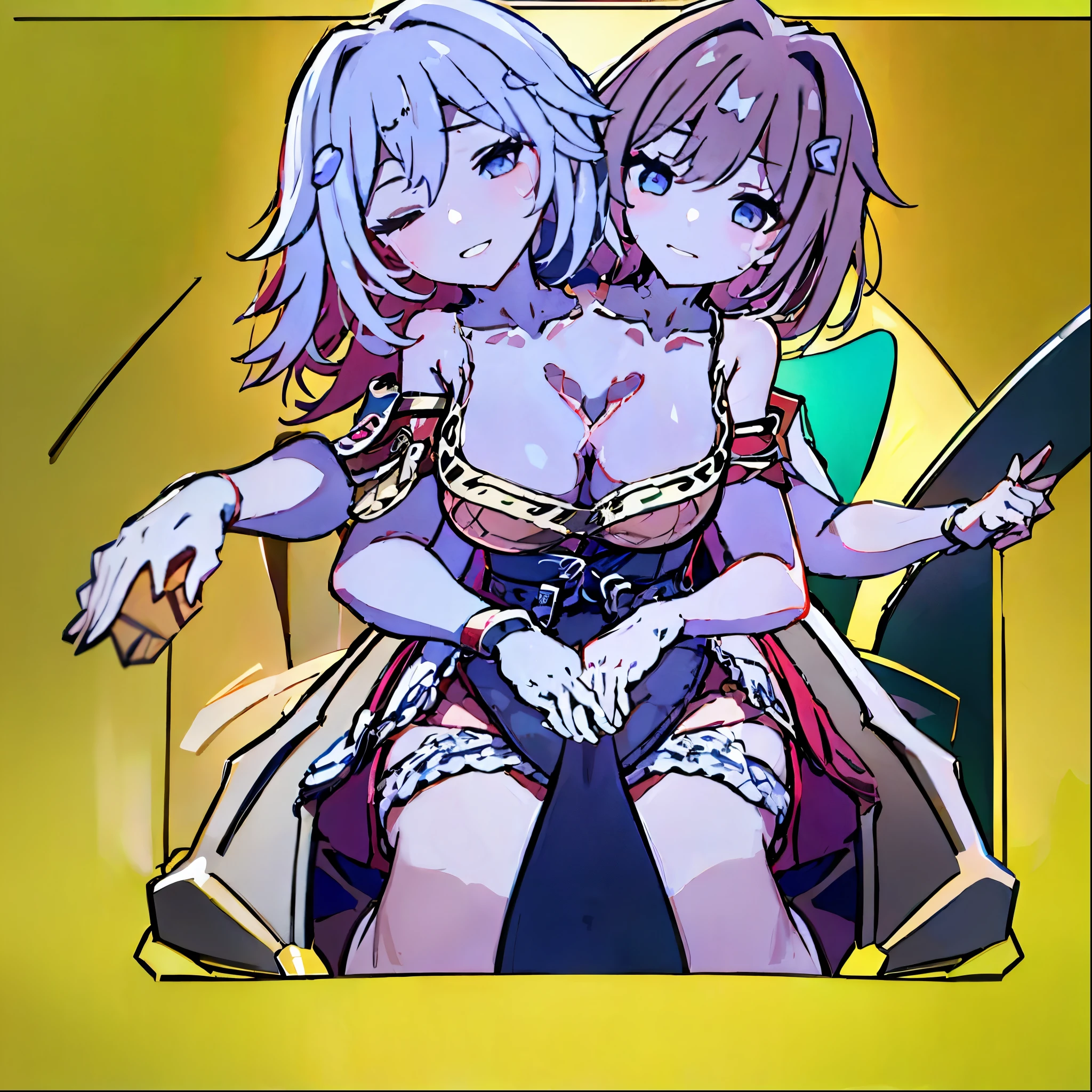 Masterpiece,best quality,best resolution,1 woman,2 heads,details,Character: Mihari Oyama,Brown hair with a slight purple tint tied into two buns.,Wear a D-shaped gold hair clip.,yellow eyes,wear red clothes(Wear an open white lab coat.),Wear long brown tights.,Playing on laptop,looking at laptop,sitting on a black chair,normal breasts,background in house,Beautiful face,Beautiful hair,beautiful eyes,beautiful body,Beautiful hands, DSLR photography, (8ก, 4K, Masterpiece),(Masterpiece, best quality), best resolution, (3 heads:1.5),Arms separated,arm circle, (Put your hands on your head...), (lower hand on ankle), (lower hand on leg), Full content in the frame, full body view, (four arms),(Multi-arm),(many hands), รูปร่างเพรียวบาง Masterpiece,best quality,best resolution,1 woman,many heads, upper body, smile, Facing the audience,big breasts,simple background,Beautiful face,Beautiful hair,beautiful eyes,beautiful body,Beautiful hands,conjoined twins
