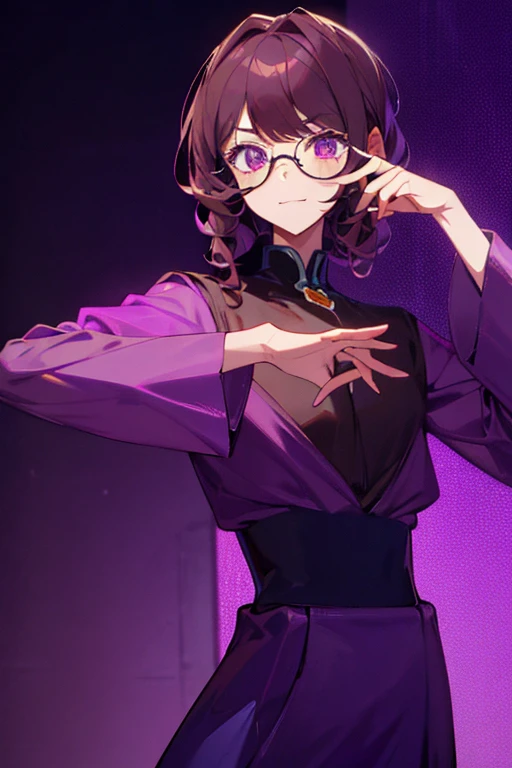 an androgynous person, with short, curly brown hair with purple highlights. Brown phoenix eyes with purple makeup, silver glasses, making a cute pose. 