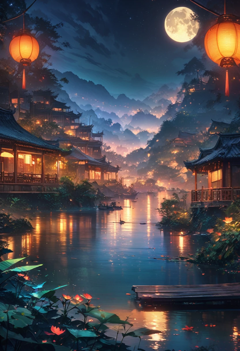 Night scene with some homemade Asian, Vietnam, Vietnam, Hazyang, Moon, lake in the foreground, calm night, green and blue, digital illustration, Highly detailed 4K digital art, Night Landscape, anime art wallpaper 4k, Anime art wallpaper 4K, Detailed digital art 4k, Night Landscape природы, anime art wallpaper 8k, background image, beautiful art uhd 4k, 4k HD illustrative wallpaper