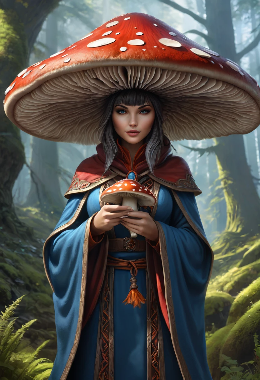 Anthropomorphic female mushroom mage. Official Art – Charecter profile. An Award-Winning Digital Masterpiece In 4K Ultra HD, Extreme Detail And Intricate Realism. Symmetrical Face. This Concept Art Brought To Life By The Hands Of Artists Like Wlop & Artgerm In A Stunning 2D Vector Illustration.Background Is A Panoramic Vista.