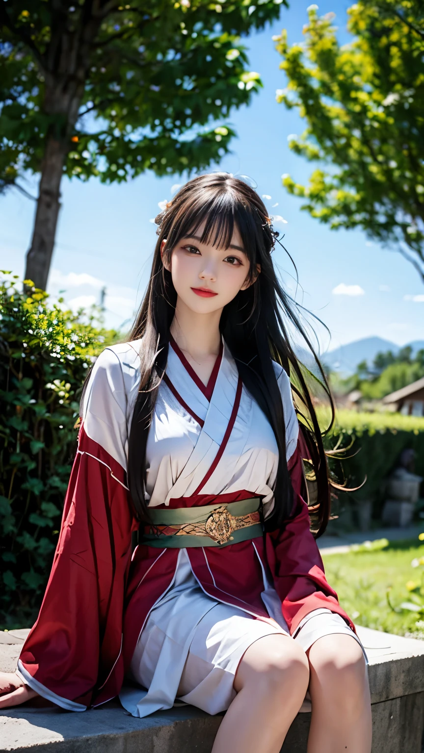 (logo、masterpiece、8k、Tabletop、RAW Photos、wonderful、最high quality、フォトリアルでVery detailedなCG合成8k壁紙、high quality、Very detailed、Narrative poem、Particle Effects、Dynamic Effects、Depth of the Boundary) What is written is、Cinematic Light、Lens flare、Ray Tracing)、Fantasy、(night、night空、Starry Sky、full moon)、(Girl looking up at the sky)、(Red dress)、sit、cute、Japanese style、(smile)、Long Black Hair、Strong winds、(Hair blowing in the wind)、Natural light、moonlight、(Horizontal photography)、(breast enhancement)、(Low position)、(Low - Angle)