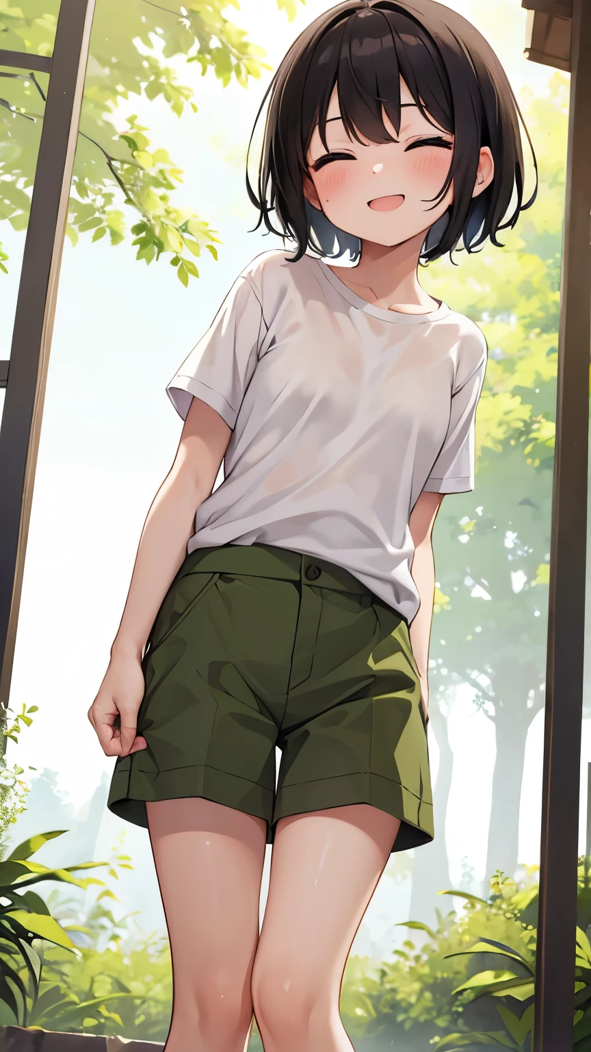 forest,smile,Are standing,close your eyes,1. small ,short hair,Black Hair,blush,White T-shirt,Olive green shorts,Brown Sandals,White skin,summer,From below,shy,Sweat,Please open your mouth wide,Wet, Put your hands behind your back,