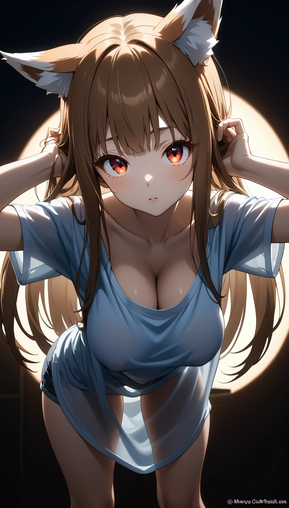 Red eyes，Holo，Fox ears,  (downblouse), (loose t-shirt:1.5), leaning forward,  sagging breasts,cleavage,Brush your hair up, looking viewer, breasts_silhouette, lighting, body Silhouette, (See-through:0.5)