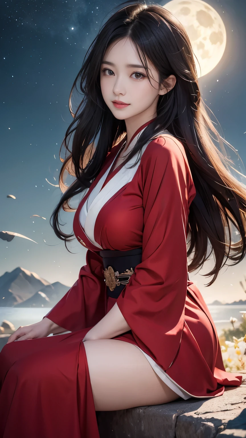 
(logo、masterpiece、8k、Tabletop、RAW Photos、wonderful、最high quality、フォトリアルでVery detailedなCG合成8k壁紙、high quality、Very detailed、Narrative poem、Particle Effects、Dynamic Effects、Depth of the Boundary) What is written is、Cinematic Light、Lens flare、Ray Tracing）、Fantasy、（night、night空、Starry Sky、full moon）、（Girl looking up at the sky）、(Red dress)、sit、cute、Japanese style、(smile)、Long Black Hair、Strong winds、(Hair blowing in the wind)、Natural light、moonlight、(Horizontal photography)、(breast enhancement)、(Low position)、(Low - Angle)
