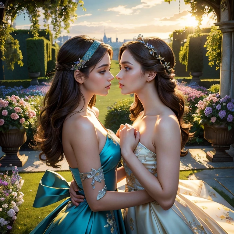 (​masterpiece, best quality:1.5), highest quality, High resolution, super detailed, Realists, Upper body photo of a brunette woman, detailed and beautiful eyes, beautiful detailed lips, very detailed eyes and face, longeyelashes, Woman in short blue floral dress made of shiny satin fabric, Beautiful and colorful makeup, elegant and noble々Pose,shiny satin headband, grind, Holding flowers, Gardens as background, soft daylight, bright colors, fine brushstrokes, Portrait style, Noble details in the dress fabric, beautiful color palette, glowing skin, First-class rendering, that captures every detail, enchanting atmosphere, subtle shadows and lights, (perfect anatomy:1.2), (The two stunning women are deeply in love:1.4), (kiss:1.2), (magnificent panorama view:1.2)