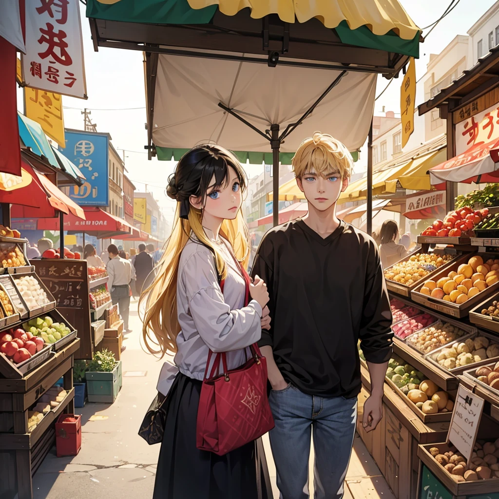 On a crowded street, full of markets and colorful street stalls, A girl with long blonde hair and blue eyes is standing next to a boy with black hair and dark eyes. The street is full of life, with people buying and selling goods, vendors offering their products loudly, and a constant bustle of activity. The girl and the boy are dressed in casual clothes, standing out from the crowd. The girl seems to be enjoying the vibrant atmosphere, while the boy watches her with a protective look. The stalls are full of fruits, vegetables, fabrics and other items, creating a scene rich in details and colors.
