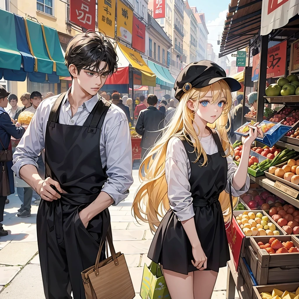 On a crowded street, full of markets and colorful street stalls, A girl with long blonde hair and blue eyes is standing next to a boy with black hair and dark eyes. The street is full of life, with people buying and selling goods, vendors offering their products loudly, and a constant bustle of activity. The girl and the boy are dressed in casual clothes, standing out from the crowd. The girl seems to be enjoying the vibrant atmosphere, while the boy watches her with a protective look. The stalls are full of fruits, vegetables, fabrics and other items, creating a scene rich in details and colors.