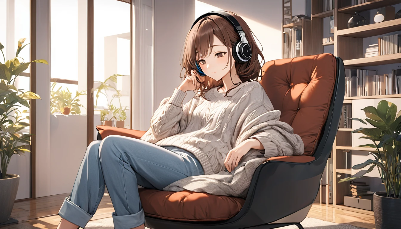 Brown-haired girl wearing headphones、Cafe very detailed、masterpiece, Highest quality, Light background:Modern cafe interior look:Relaxed smiling outfit:Casual cafe style pose:Sitting on a sofa listening to music:The relaxed atmosphere of the cafe
(Detailed fingers), (Emotional), (Breathtakingly beautiful), (main part:1.2 Whole body), (Anime Style), (Very detailed), (超High resolution, High resolution), (8k), (Complex and beautiful: 1.2)