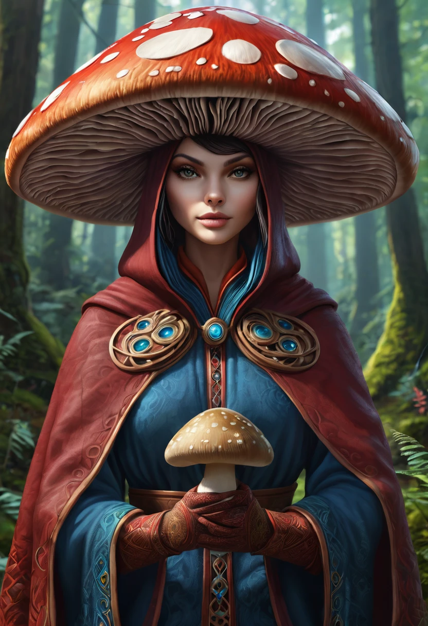 Anthropomorphic mushroom mage. Official Art – Charecter profile. An Award-Winning Digital Masterpiece In 4K Ultra HD, Extreme Detail And Intricate Realism. Symmetrical Face. This Concept Art Brought To Life By The Hands Of Artists Like Wlop & Artgerm In A Stunning 2D Vector Illustration.Background Is A Panoramic Vista.