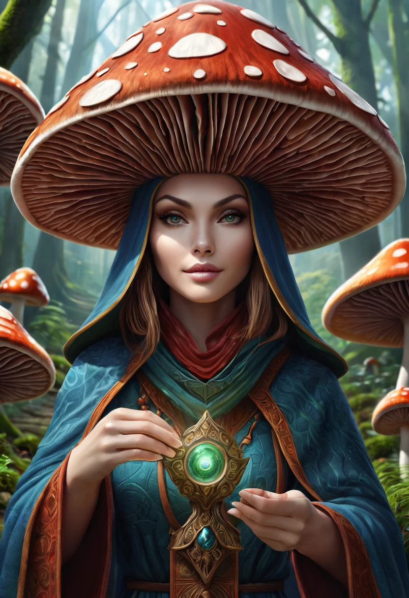 Anthropomorphic mushroom mage. Official Art – Charecter profile. An Award-Winning Digital Masterpiece In 4K Ultra HD, Extreme Detail And Intricate Realism. Symmetrical Face. This Concept Art Brought To Life By The Hands Of Artists Like Wlop & Artgerm In A Stunning 2D Vector Illustration.Background Is A Panoramic Vista.