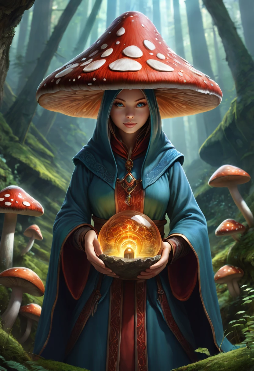 Anthropomorphic mushroom mage. Official Art – Charecter profile. An Award-Winning Digital Masterpiece In 4K Ultra HD, Extreme Detail And Intricate Realism. Symmetrical Face. This Concept Art Brought To Life By The Hands Of Artists Like Wlop & Artgerm In A Stunning 2D Vector Illustration.Background Is A Panoramic Vista.