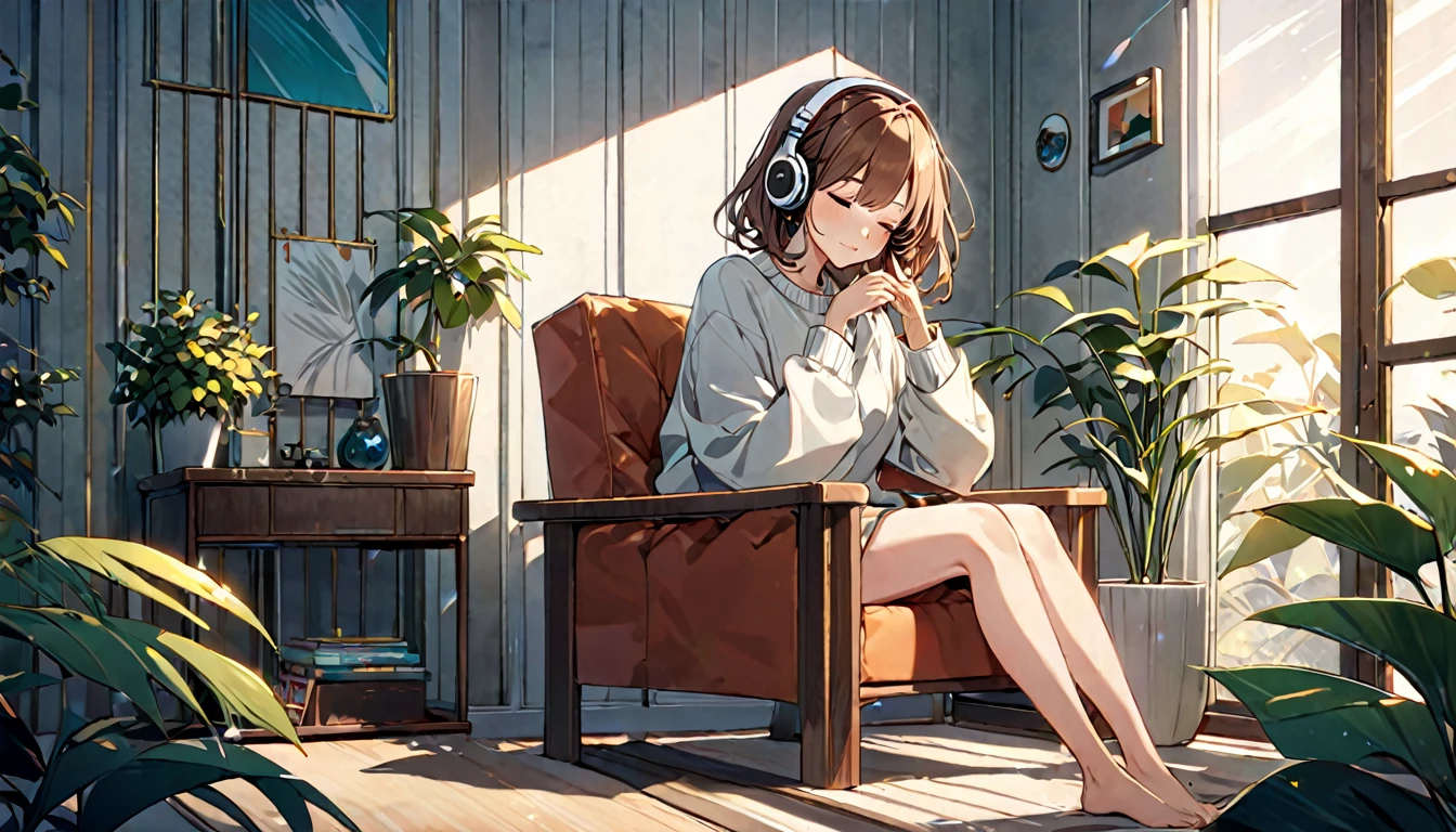 Scene background of a brown-haired girl wearing headphones relaxing in a quiet space:Minimalist design room look:A calm and relaxed look:Casual knitwear pose:A scene of someone sitting in a relaxing chair and enjoying music:Spend a comfortable time in a quiet space
(Detailed fingers), (Emotional), (Breathtakingly beautiful), (whole body), (Anime Style), (Very detailed), (超High resolution, High resolution), (8k), (Complex and beautiful: 1.2)