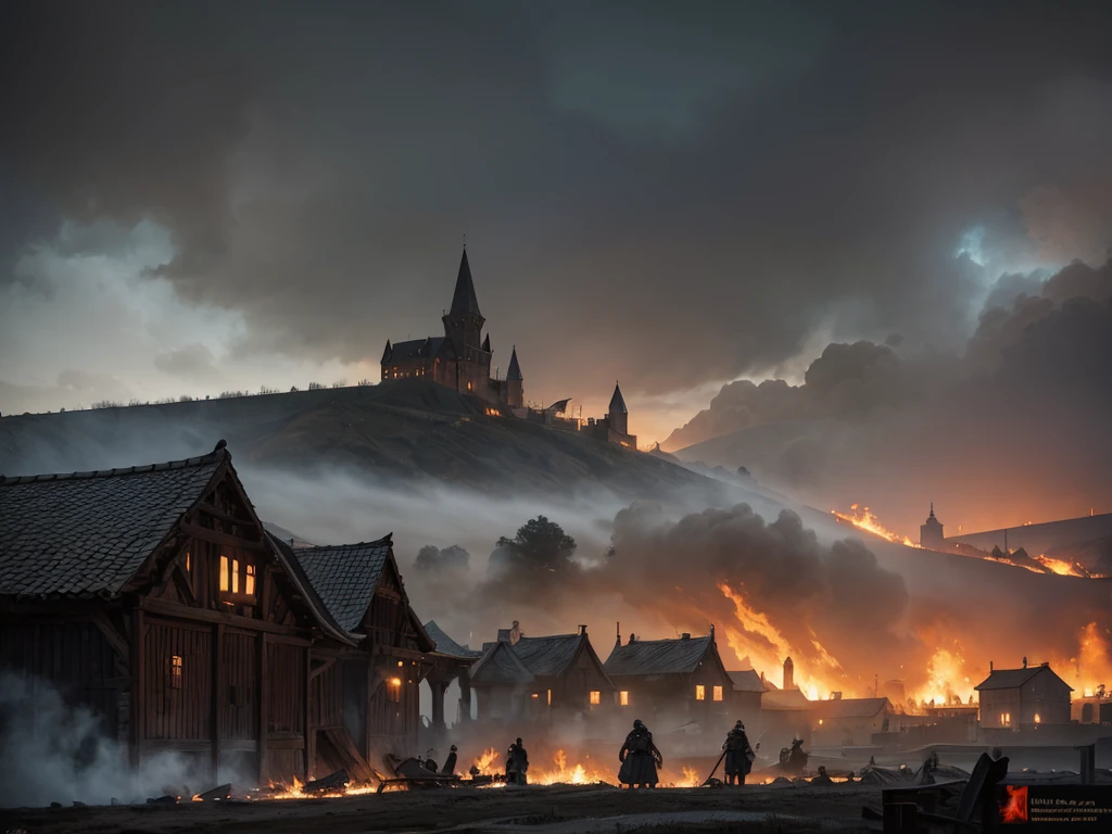 realistic medieval village destruction, burning houses, medieval warriors in background, highly detailed, cinematic lighting, dramatic composition, muted color palette, moody atmosphere, volumetric smoke, detailed armor and weapons, photorealistic, 8k, best quality, masterpiece