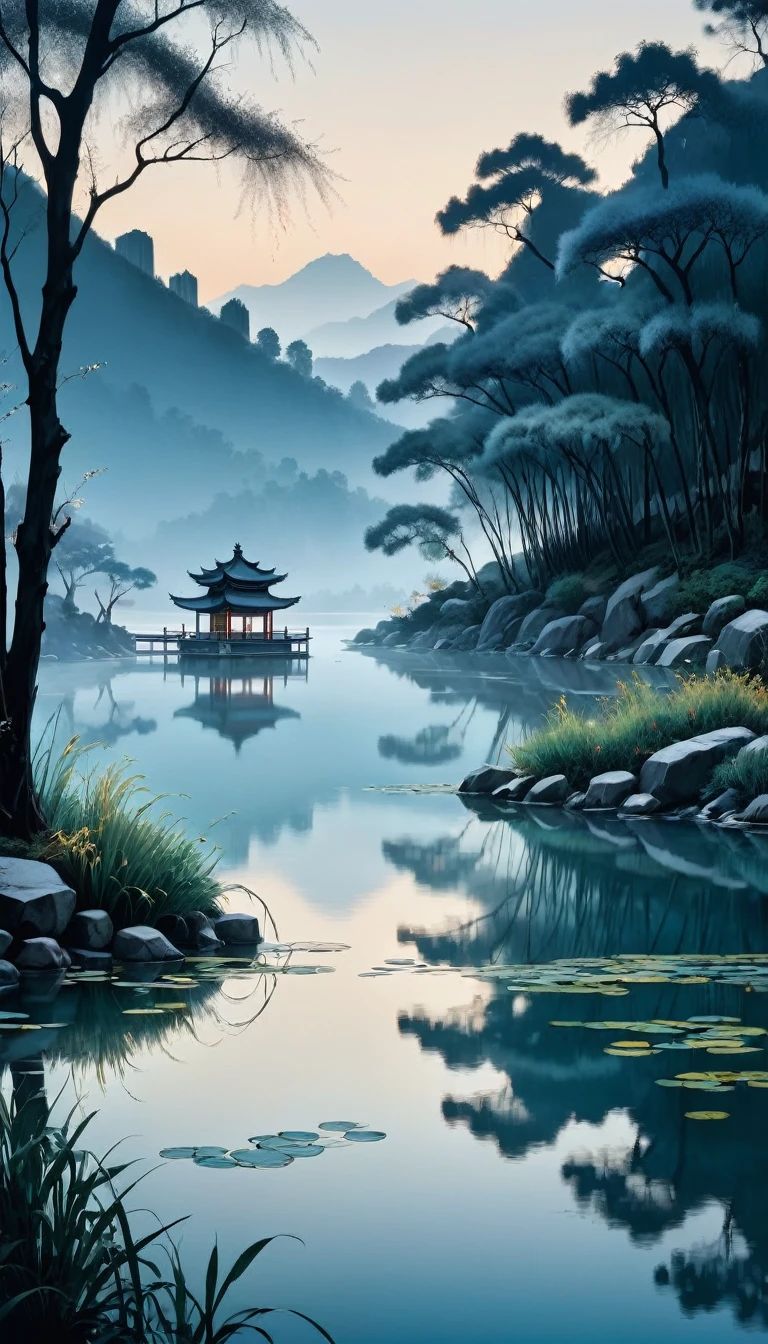 aesthetic, extremely detailed, color photo of,Wu Guanzhong's style, monochromatic simplicity, bold brush strokes, fusion of Eastern and Western art principles, abstract natural elements, structured yet fluid forms,twilight ambience, serene lake, willow trees swaying, distant mountains shrouded in mist, fading daylight, subtle reflections on water,tranquil, contemplative, harmonious, subtle interplay of light and shadow, ethereal quietude,Nikon D850, Kodak Portra 400, 50mm prime lens, shallow depth of field, low ISO, manual exposure, long exposure technique,Wu Guanzhong, Tim Burton, Christopher Doyle, Annie Leibovitz, Vivienne Westwood