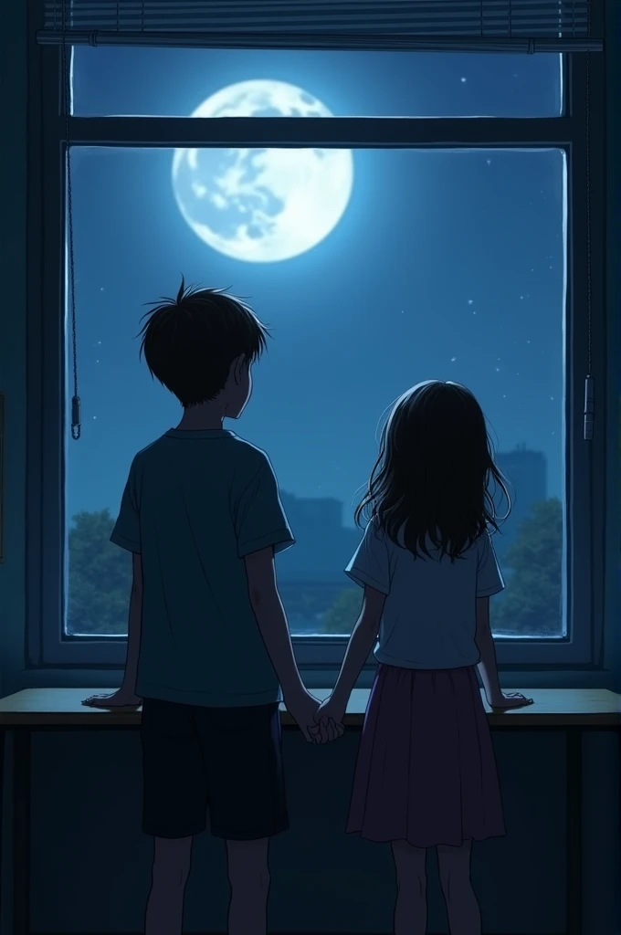 Moonlit Confession.A boy and a girl are looking out the window in a classroom. A boy and a girl are holding hands. Back view.