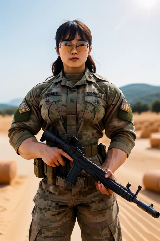 Realistic Asian cute girl holding a automatic rifle and aiming to shoot , fair and glossy skin, muscular body, blonde, Sun glasses, wearing military uniform, with a battlefield background