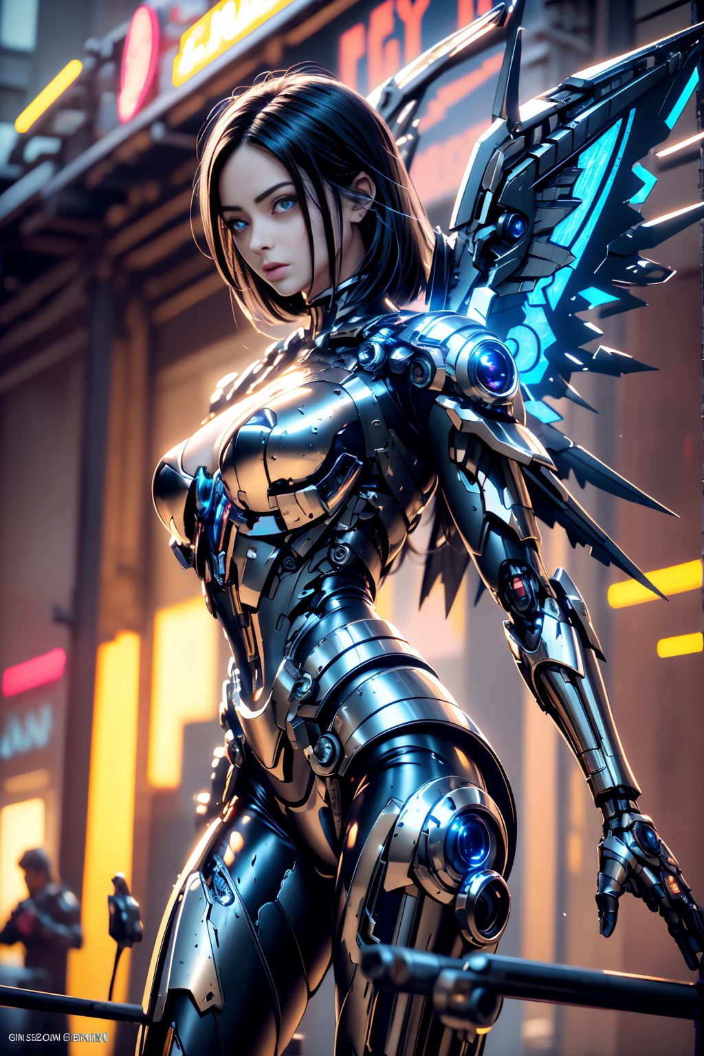 Alita Battle Angel, high-detailed face,work of art, Bela , gigantic black cyborg wings, wings have neon lights, open wings,, in tight metal armor, metal belt, Electronic armature elements, 20 year, the skin beneath the suit has shiny lines, shoulder length black hair, a cyborg eye, standing, serious expression, cinematic lighting, Burning cyberpunk city in the distance, flat-chested