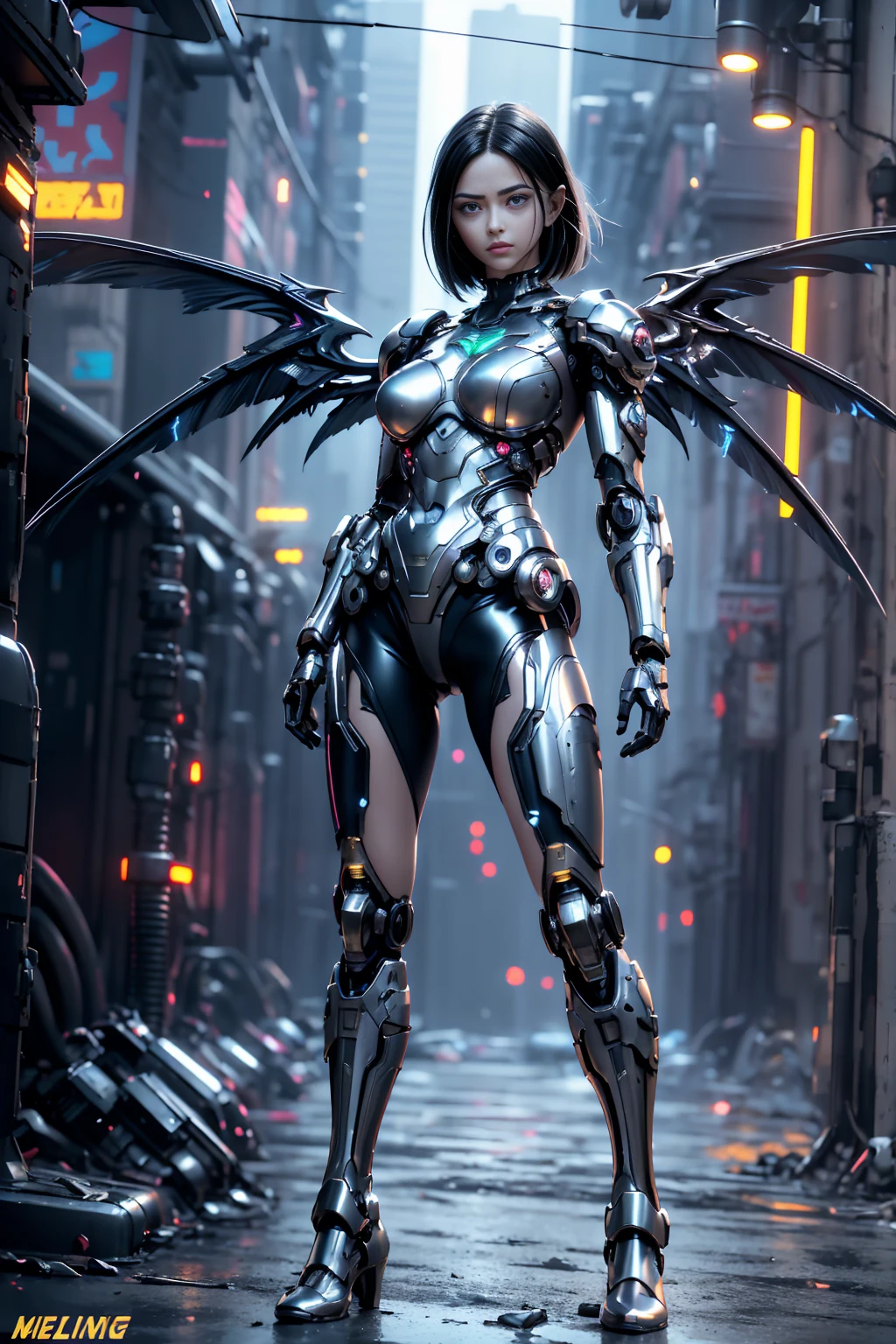 volumetric lighting, sidelighting, 1girl, android, cyborg, mechanical wings, heavily damaged, dark, sad, raining, abandoned, (leaking oil, loose wires, exposed metal parts), apocalyptic, extreme detail, detailed face, detailed eyes,full body
