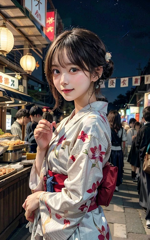 A young woman in a modern, floral yukata stands under a canopy of colorful lanterns at a bustling summer festival. Her hair is styled in a loose bun, adorned with a traditional kanzashi. She holds a sensu fan, gently cooling herself. The festival atmosphere is electric, with people of all ages enjoying the sights and sounds. Food stalls line the street, offering a tantalizing array of street food. Fireworks explode in the night sky, illuminating the scene with vibrant colors. Focus on capturing the warm, inviting atmosphere of a Japanese summer festival.