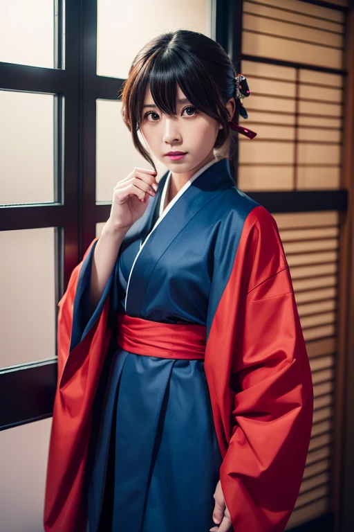 1girl, solo, jacket, japanese_clothes, kimono, cosplay, knife, red_jacket, photo_(medium), kara_no_kyoukai, ryougi_shiki, cosplay_photo
