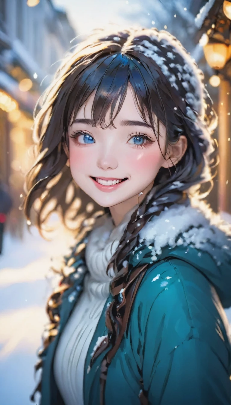 Highly detailed face, ((Drop your eyes)), pretty girl, Vibrant colors, Soft natural light, Bokeh effect. Winter, Perfect Makeup, Professional photography, Street Snapshots, Vibrant colors, (smile, Laughter),