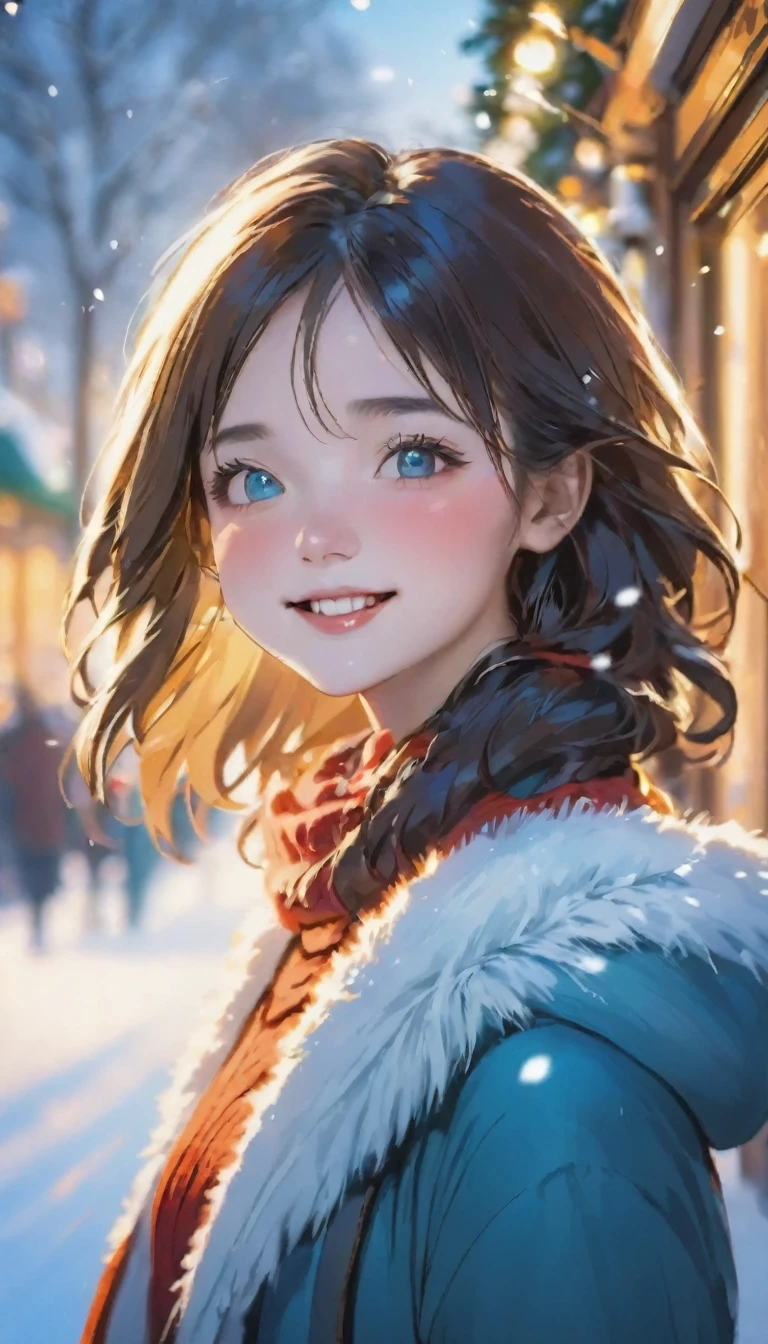 Highly detailed face, ((Drop your eyes)), pretty girl, Vibrant colors, Soft natural light, Bokeh effect. Winter, Perfect Makeup, Professional photography, Street Snapshots, Vibrant colors, (smile, Laughter), 