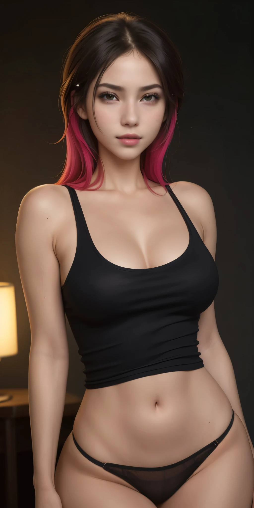 (best quality, ultra-detailed, photorealistic: 1.39), bright and vibrant colors, studio lighting, romantic expression, Just a girl in a black tank top