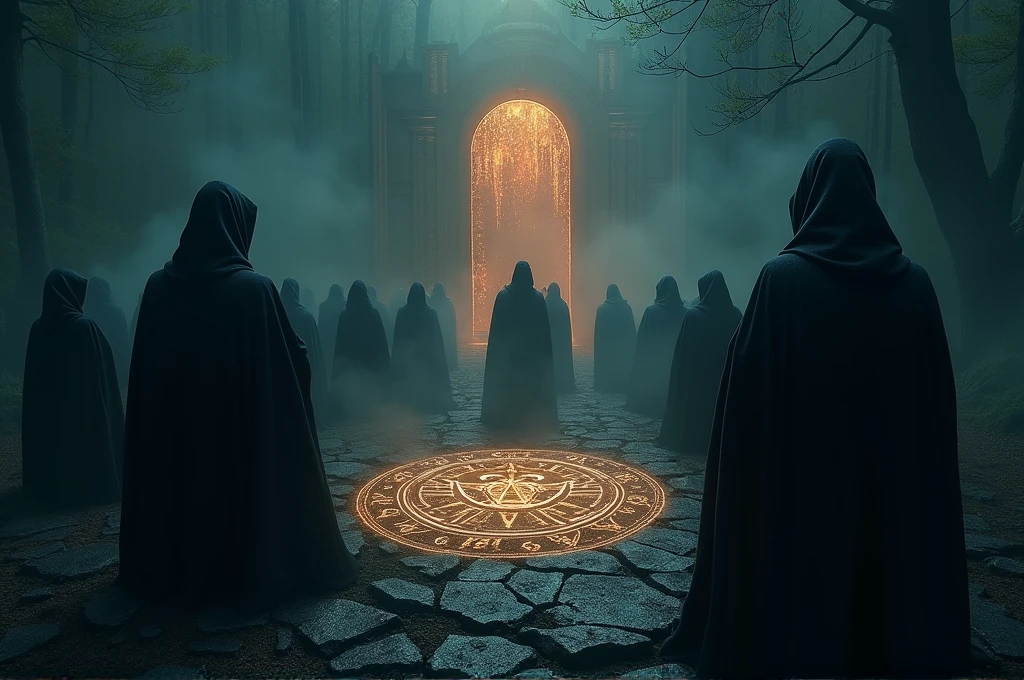 Cinematic scene of a dark magic ritual: hooded figures chanting around a glowing, dark portal. The ground cracked and emitting dark energy. Realistic, mystical, and ominous, highlighting the rise of dark powers. Include intricate symbols and runes glowing on the ground, adding to the mystic atmosphere. High level of detail and realism to match cinematic quality.
