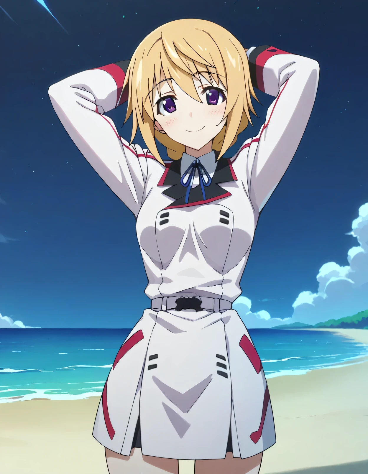charl, def, uniform, high quality, 1girl, smile, solo, night sky, beach, arms behind head, (contrapposto), spread armpits, closed mouth,, looking at viewer, cowboy shot, blushing,