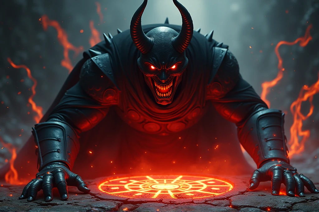 Epic, cinematic close-up of the Dark Lord being summoned: half of his imposing, armored body emerging from a glowing, dark magic portal on the ground. The other half still enveloped in swirling dark energy and runes. The ground around the portal cracked and emitting dark energy. The Dark Lord's eyes glowing with sinister red light, a malevolent grin on his face. Realistic, menacing, and commanding presence, emphasizing the powerful and dark nature of the summoning. Ensure high level of detail and realism to match cinematic quality.