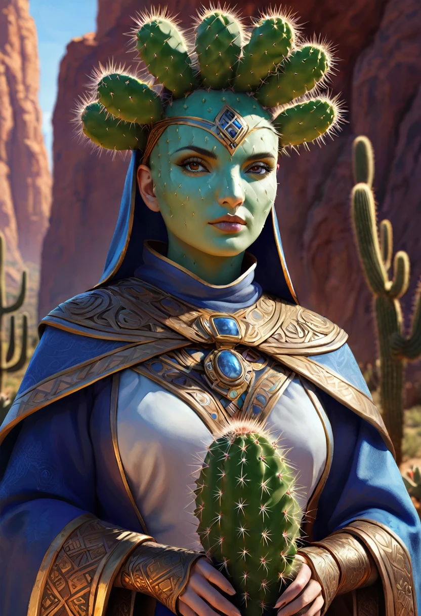 Anthropomorphic cactus mage. Official Art – Charecter profile. An Award-Winning Digital Masterpiece In 4K Ultra HD, Extreme Detail And Intricate Realism. Symmetrical Face. This Concept Art Brought To Life By The Hands Of Artists Like Wlop & Artgerm In A Stunning 2D Vector Illustration.Background Is A Panoramic Vista.
