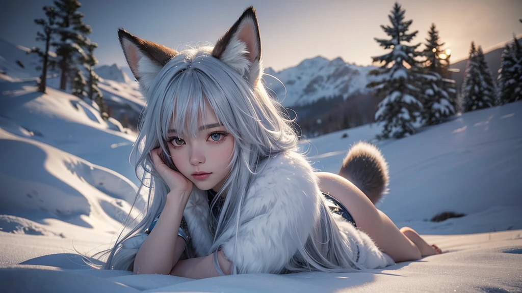 A close-up cinematic scene of a 20-year-old fox girl, with fox ears, tail, and fur-lined outfit, lying in the snow. She gazes thoughtfully at the viewer as the snow falls gently around her. The background is an expansive snowy field, with subtle lighting highlighting her features. Created Using: cinematic camera, HDR lighting, realistic fur textures, dynamic composition, vivid colors, soft snowfall effects, epic landscape detailing, dramatic atmosphere --v 6.0