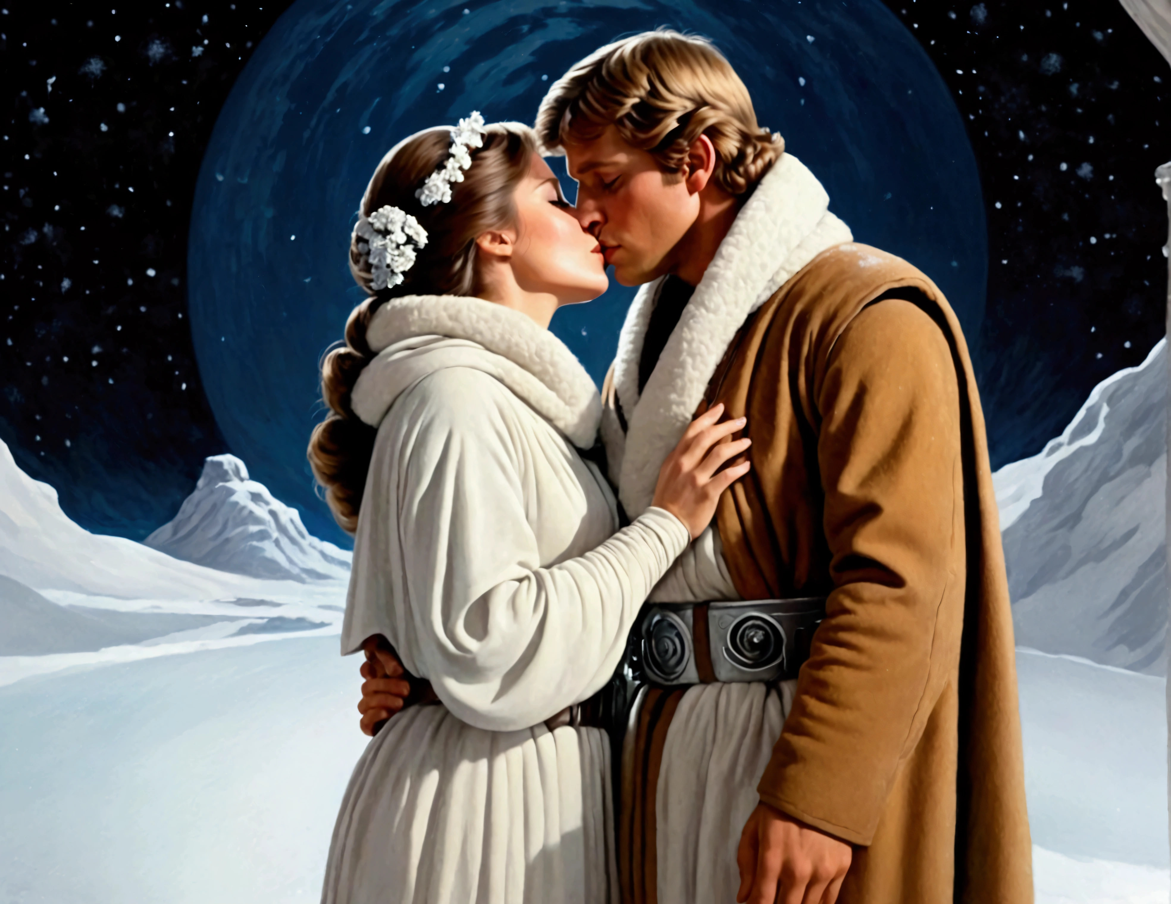Star Wars, empire strikes back, Luke and Leia share a kiss on the snow swept surface of Hoth, Moonlit night, serene night, moonlit confession of love