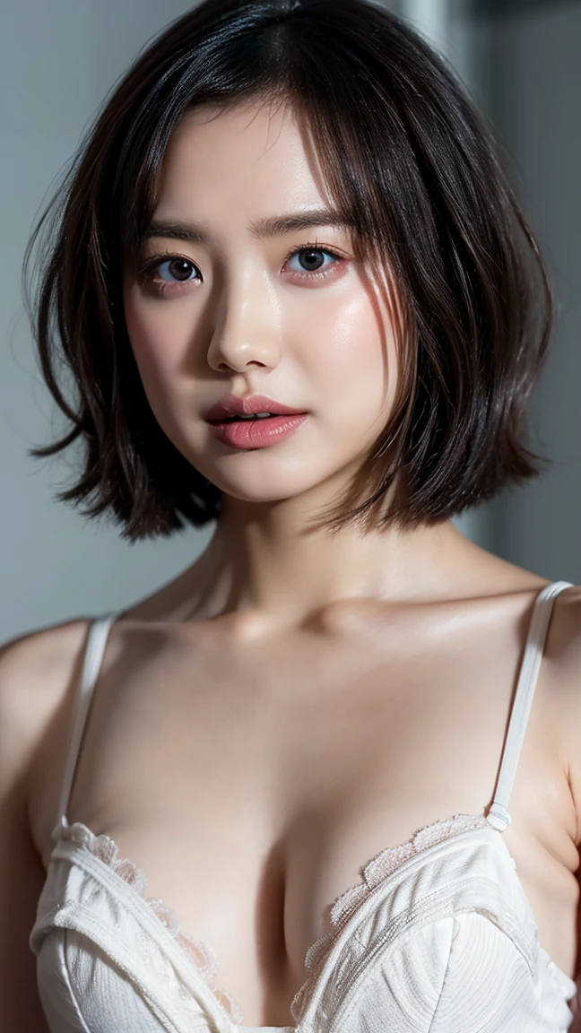 (1 girl, Girls,Large Breasts, Well-fleshed, Short Bob Hair, White bra, panties), Fair-skinned, Glossy Lips, skinny, Body Type, Delicate and sexy collarbone, Highest quality, RAW Photos, Realistic, face, Incredibly ridiculously beautiful girl, cute, Depth of written border, High resolution, 超detailed, detailed, Very detailed, extremely detailed eye and face, Sharp pupils, Sharp focus, Cinema Lighting
