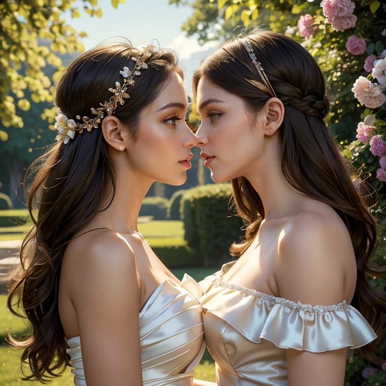 (masterpiece, best quality:1.5), highest quality, High resolution, super detailed, Realists, Upper body photo of a brunette woman, detailed and beautiful eyes, beautiful detailed lips, very detailed eyes and face, longeyelashes, Woman in short leopard dress made of shiny satin fabric, Beautiful and colorful makeup, elegant and noble々Pose,shiny satin headband, grind, Holding flowers, Gardens as background, soft daylight, bright colors, fine brushstrokes, Portrait style, Noble details in the dress fabric, beautiful color palette, glowing skin, First-class rendering, that captures every detail, enchanting atmosphere, subtle shadows and lights, (perfect anatomy:1.2), (The two stunning women are deeply in love:1.4), (kiss:1.2), (magnificent panorama view:1.2)