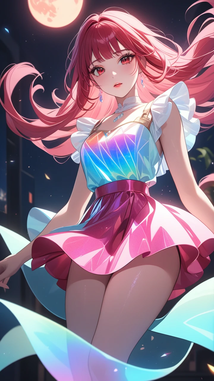 masterpiece, best quality:1.3, 1girl, moon dress, giants girl , floating ,moon , holding moon , detailed face, red eyes, beautiful detailed lips, long eyelashes, delicate facial features, expressive face, detailed skin texture, moonlight lighting, vibrant colors, cinematic lighting, soft focus, prismatic, holographic,chromati caberration,