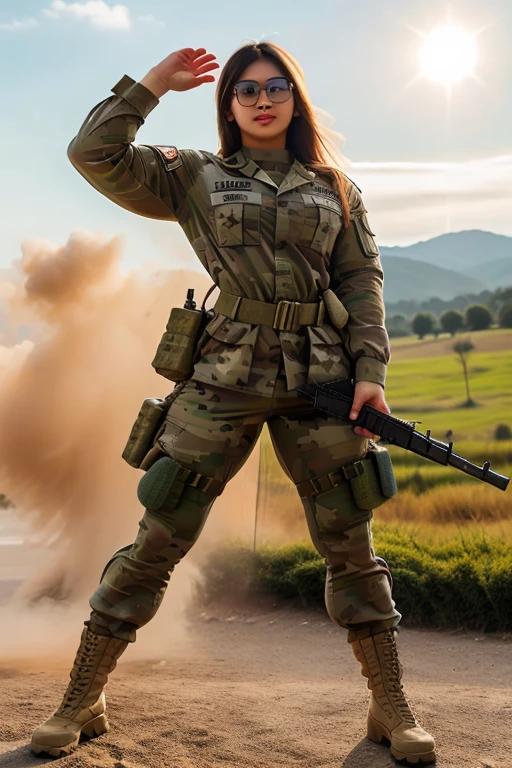 Realistic Malaysian cute girl holding a automatic rifle and aiming to shoot , fair and glossy skin, muscular body, blonde, Sun glasses, wearing military uniform, with a battlefield background